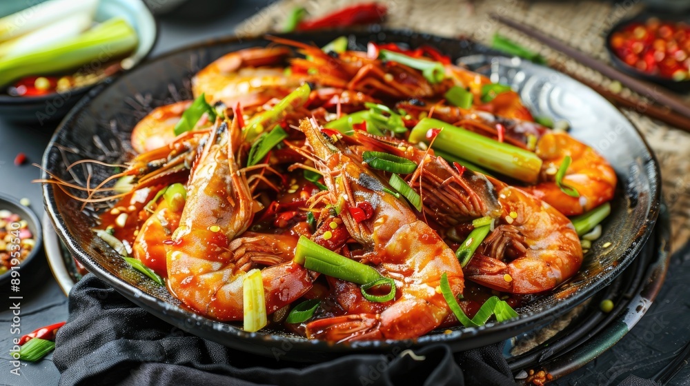 Sichuan spicy prawn and leek from China on plate Sichuan spicy prawn and leek from China on plate