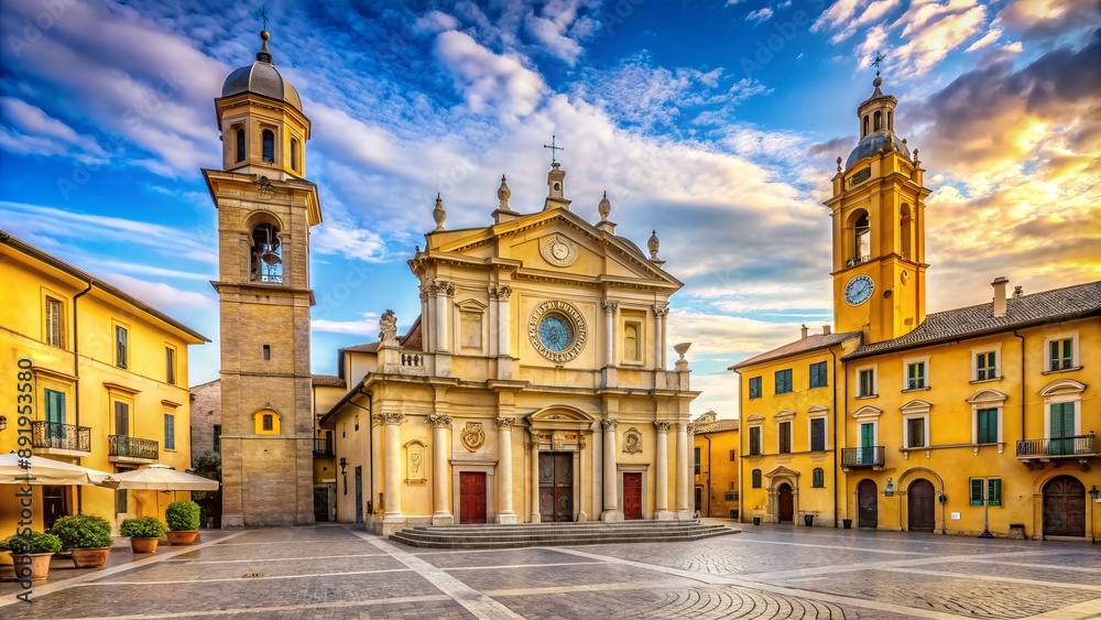 Obraz premium Historic baroque church facade with ornate stone carvings and bell towers overlooking tranquil cobblestone piazza in charming Italian town.
