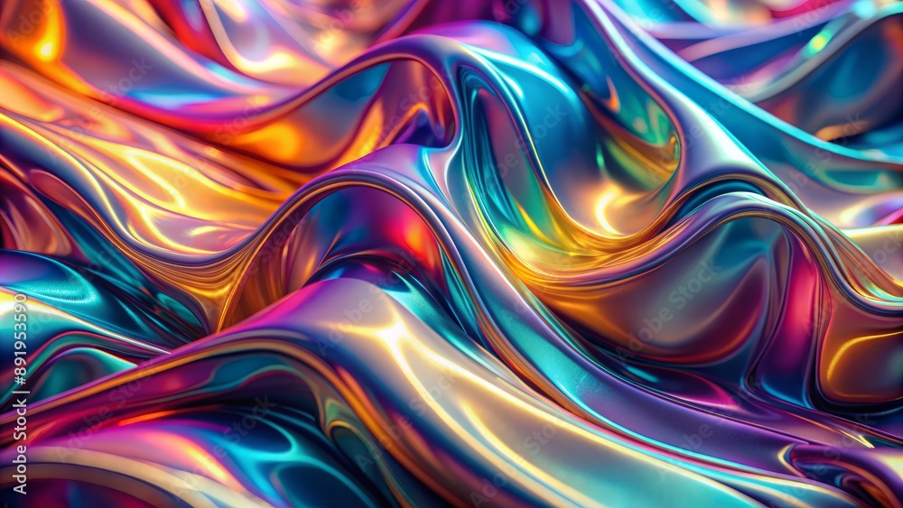 Vibrant iridescent metallic holographic background featuring a smooth fluid shape with mesmerizing colors and intricate reflections. Vibrant iridescent metallic holographic background featuring a smooth fluid shape with mesmerizing colors and intricate reflections.