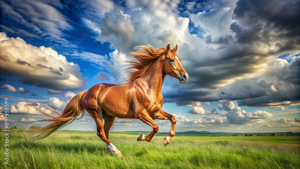 Obraz premium Majestic chestnut horse galloping freely in a serene, sun-kissed green meadow with fluffy white clouds and blue sky background.