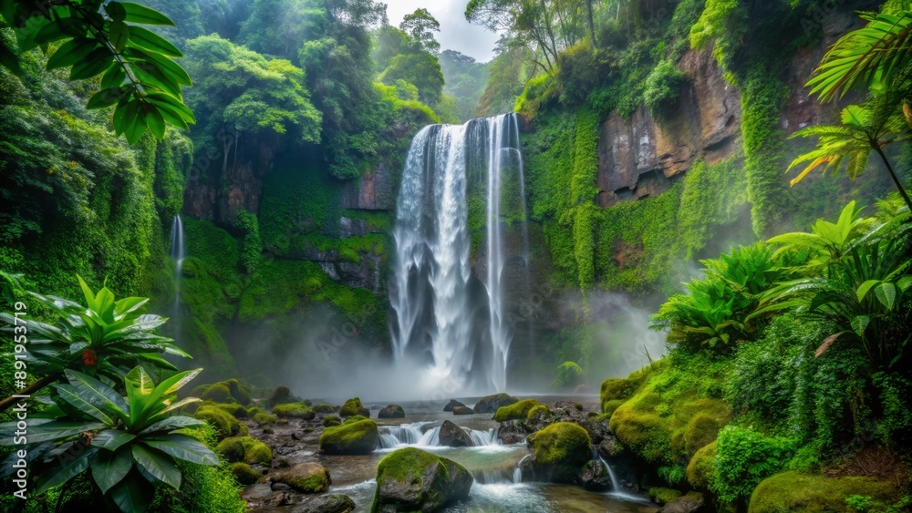 Majestic dark green foliage surrounds misty waterfall cascading down rugged stone wall in lush vibrant rainforest on gloomy day. Majestic dark green foliage surrounds misty waterfall cascading down rugged stone wall in lush vibrant rainforest on gloomy day.