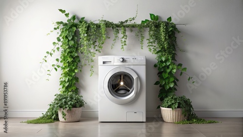 Sparkling modern washing machine surrounded by lush green plants and eco-friendly laundry detergent in a bright white background.