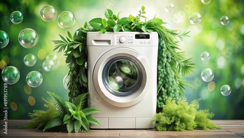 Sleek modern washing machine adorned with fake foliage and eco-friendly badges, surrounded by soap bubbles and a blurred green background. photo