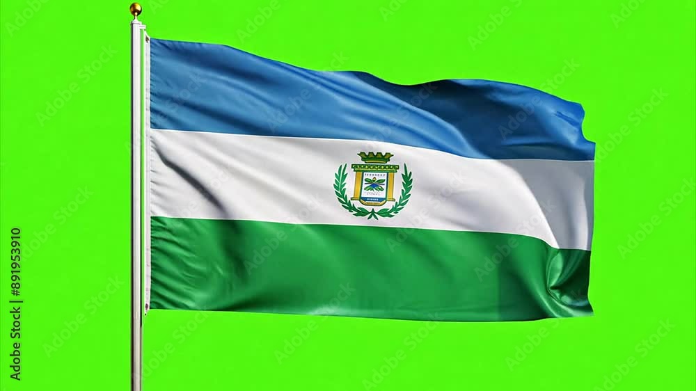 Fictional blue white and green flag with an emblem in the middle waving in the wind in slow motion against a chroma key green screen. Fictional blue white and green flag with an emblem in the middle waving in the wind in slow motion against a chroma key green screen.