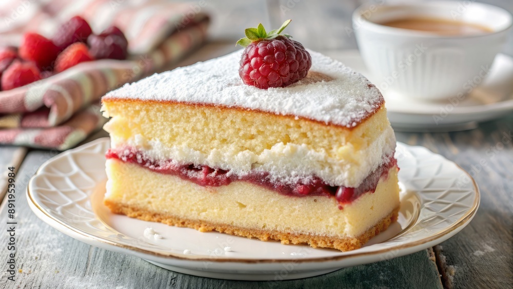 Moist vanilla sponge cake layered with tart raspberry jam and fluffy whipped cream, finished with a delicate powdered sugar coating. Moist vanilla sponge cake layered with tart raspberry jam and fluffy whipped cream, finished with a delicate powdered sugar coating.