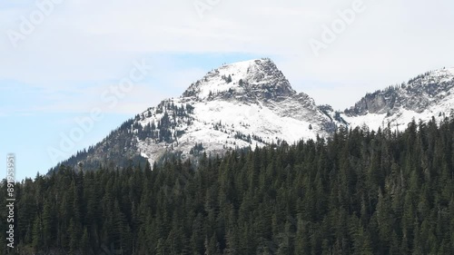 A majestic snow-capped mountain rises above a dense coniferous forest against a clear blue sky, highlighting nature's grandeur