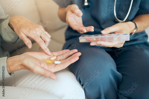 Slika na platnu Senior care, woman and nurse with pills in house, illness management and discussion with medication