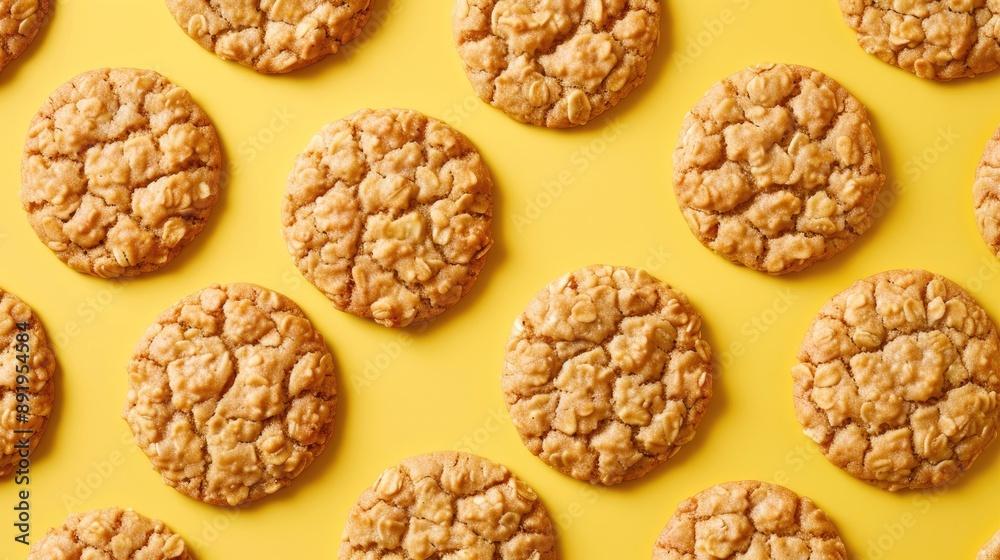Oatmeal cookies against yellow backdrop Oatmeal cookies against yellow backdrop