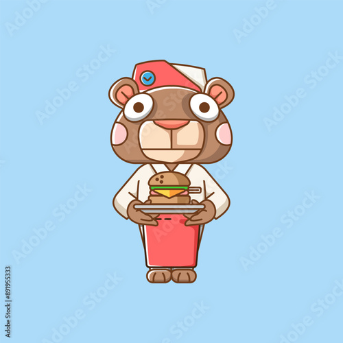 Cute teddy bear waiter animal kawaii chibi character mascot illustration outline style design