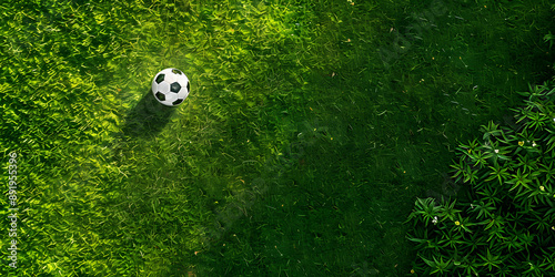 Bola de futebol no ar em campo de grama verde photo