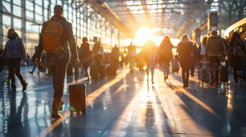 A group of people walking through an airport with luggage. AI.