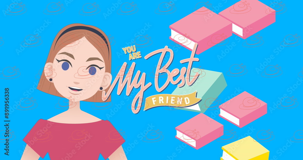 Image of my best friend text over girl and falling books Image of my best friend text over girl and falling books