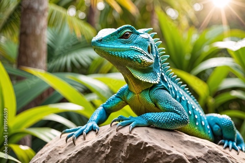 Blue Lizard on a Rock in a Tropical Forest.