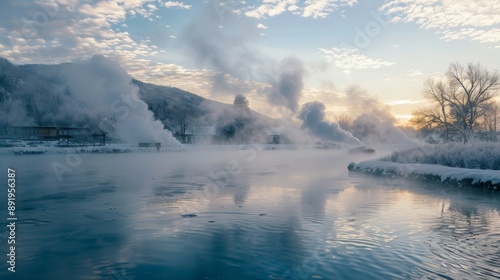 Steamy hot springs with rising smoke on a cold morning © Lakkhana