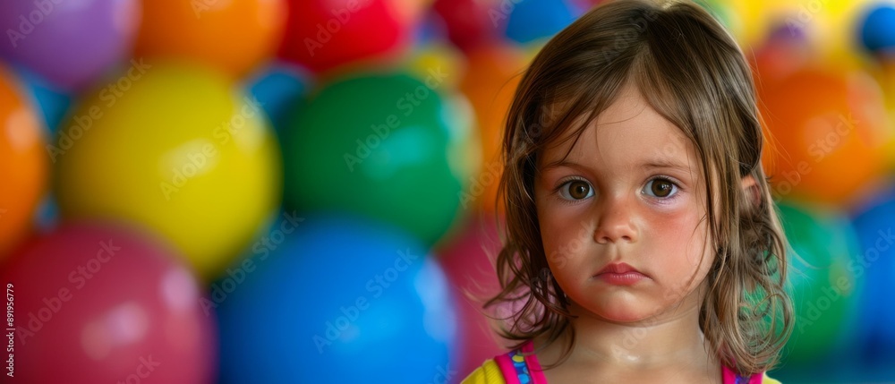 Portrait of a cute little girl standing in front of a colorful ball pit. AI. Portrait of a cute little girl standing in front of a colorful ball pit. AI.