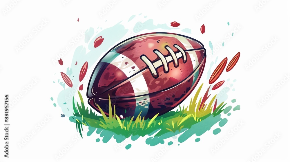 A colorful and vibrant digital cartoon illustration of a rugby ball placed on green grass with leaves around it, capturing the essence of the sport in a playful style. A colorful and vibrant digital cartoon illustration of a rugby ball placed on green grass with leaves around it, capturing the essence of the sport in a playful style.