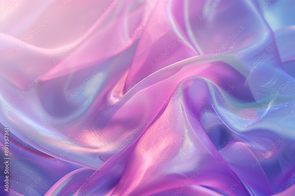 Obraz premium A flat lay of a purple and pink iridescent fabric, with a soft glow highlighting the texture and sheen. The background is a solid color to make it stand out more.