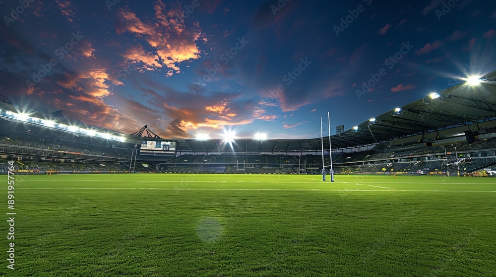 Fototapeta premium An empty stadium's field under a dramatically lit evening sky, showcasing the anticipation and calmness before a major sporting event starts.