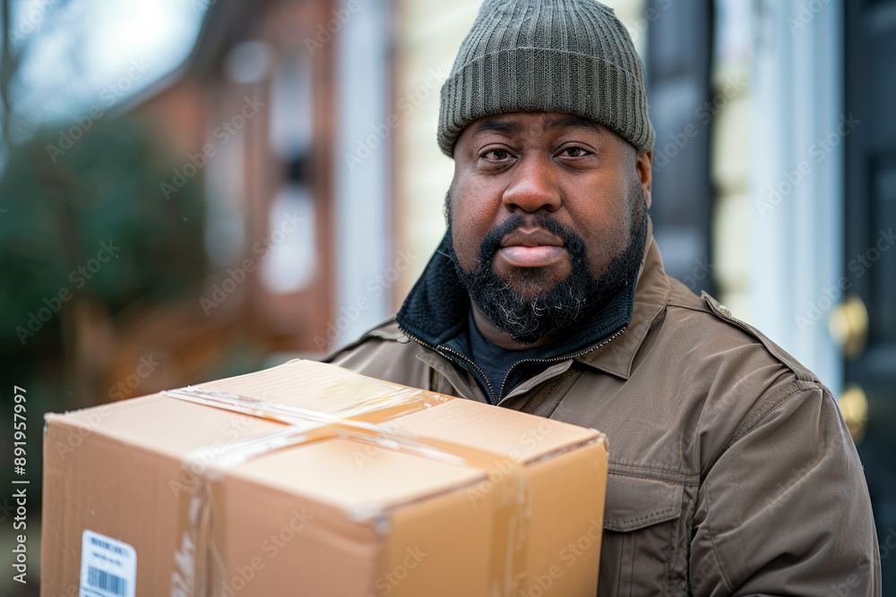Package delivery concept featuring a man in a brown jacket and hat holding a cardboard box with a serious expression Package delivery concept featuring a man in a brown jacket and hat holding a cardboard box with a serious expression