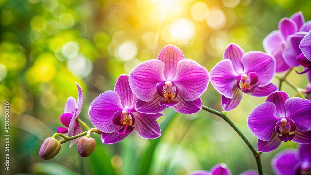 Vibrant purple orchid blooms against soft focus blurred green background with delicate petals and golden anthers in warm natural light. Vibrant purple orchid blooms against soft focus blurred green background with delicate petals and golden anthers in warm natural light.