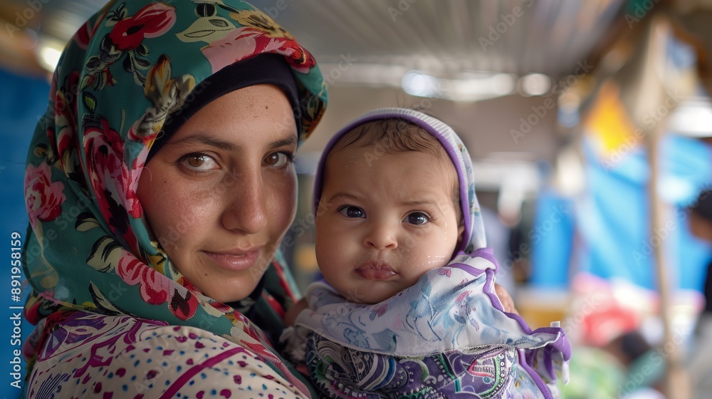 An image portraying a mother holding her baby in a wrapped cloth surrounded by colorful market elements, evoking a sense of warmth and familial care amidst a lively setting. An image portraying a mother holding her baby in a wrapped cloth surrounded by colorful market elements, evoking a sense of warmth and familial care amidst a lively setting.