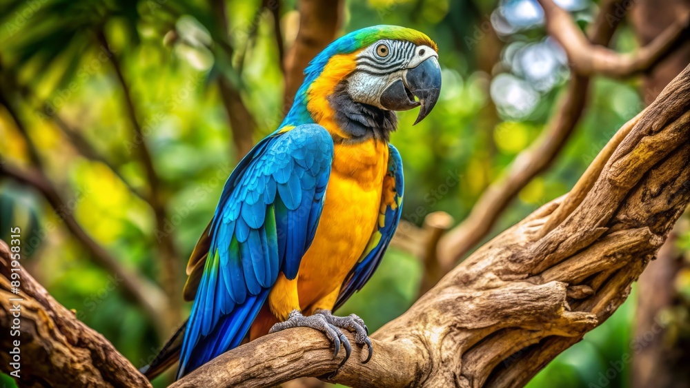 Vibrant blue and yellow macaw perches on a gnarled branch, feathers glistening in a warm, tropical light, eyes bright with curiosity. Vibrant blue and yellow macaw perches on a gnarled branch, feathers glistening in a warm, tropical light, eyes bright with curiosity.