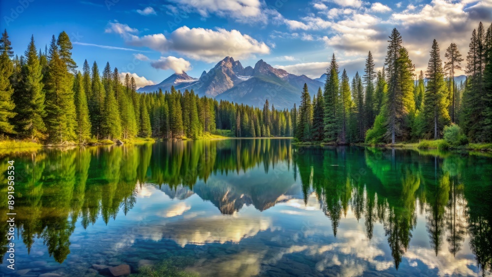 Tranquil lake mirror-smooth amidst verdant forest surroundings reflects majestic pine trees and distant mountain peaks in perfect natural harmony. Tranquil lake mirror-smooth amidst verdant forest surroundings reflects majestic pine trees and distant mountain peaks in perfect natural harmony.