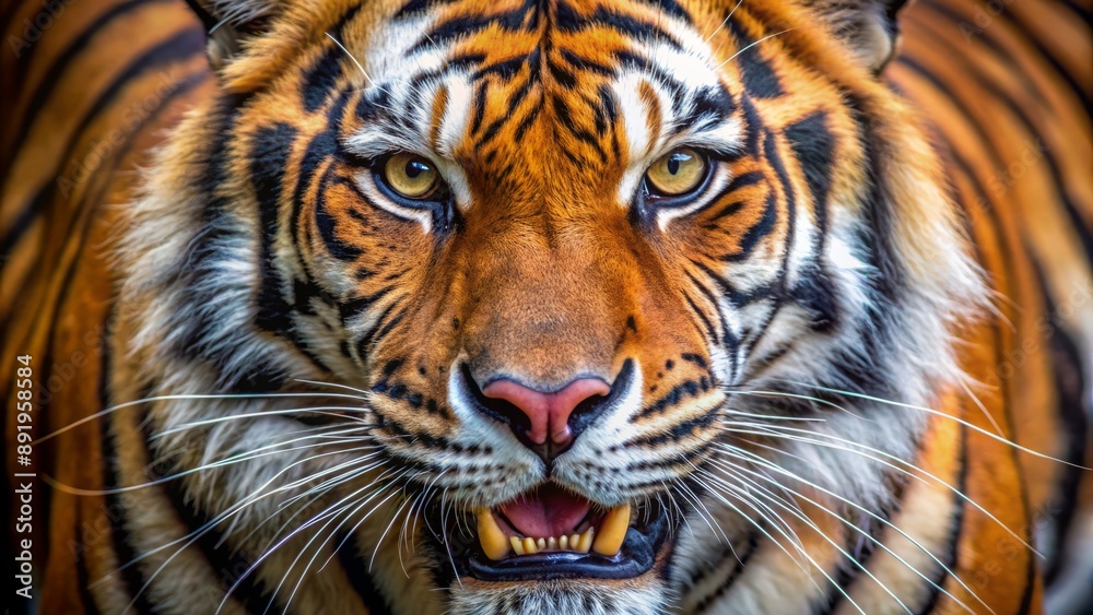 Magnificent majestic fierce predator face of orange and black striped big cat with sharp teeth and piercing gaze. Magnificent majestic fierce predator face of orange and black striped big cat with sharp teeth and piercing gaze.