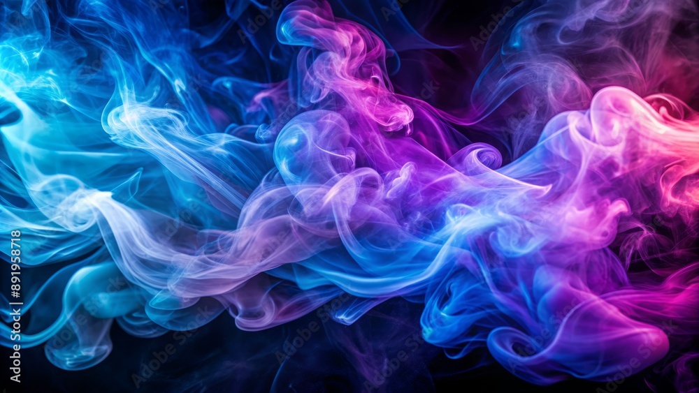 Vibrant neon blue and purple multicolored smoke puff cloud design elements swirl against a mysterious dark background in mesmerizing abstract pattern. Vibrant neon blue and purple multicolored smoke puff cloud design elements swirl against a mysterious dark background in mesmerizing abstract pattern.
