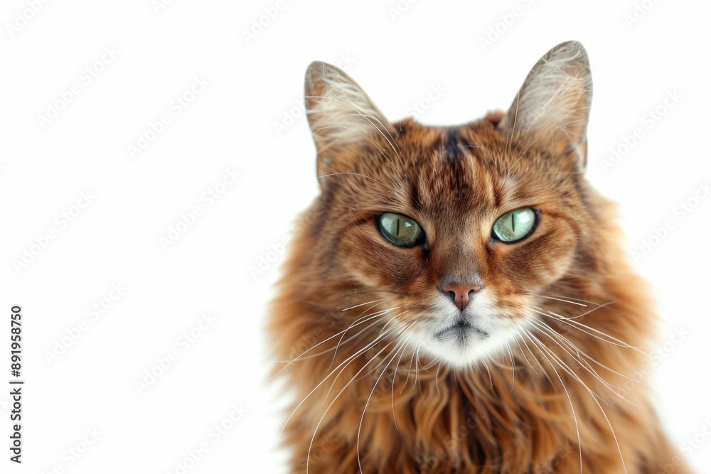 Closeup portrait of a majestic longhaired greeneyed cat against a clean white background attracting attention Closeup portrait of a majestic longhaired greeneyed cat against a clean white background attracting attention