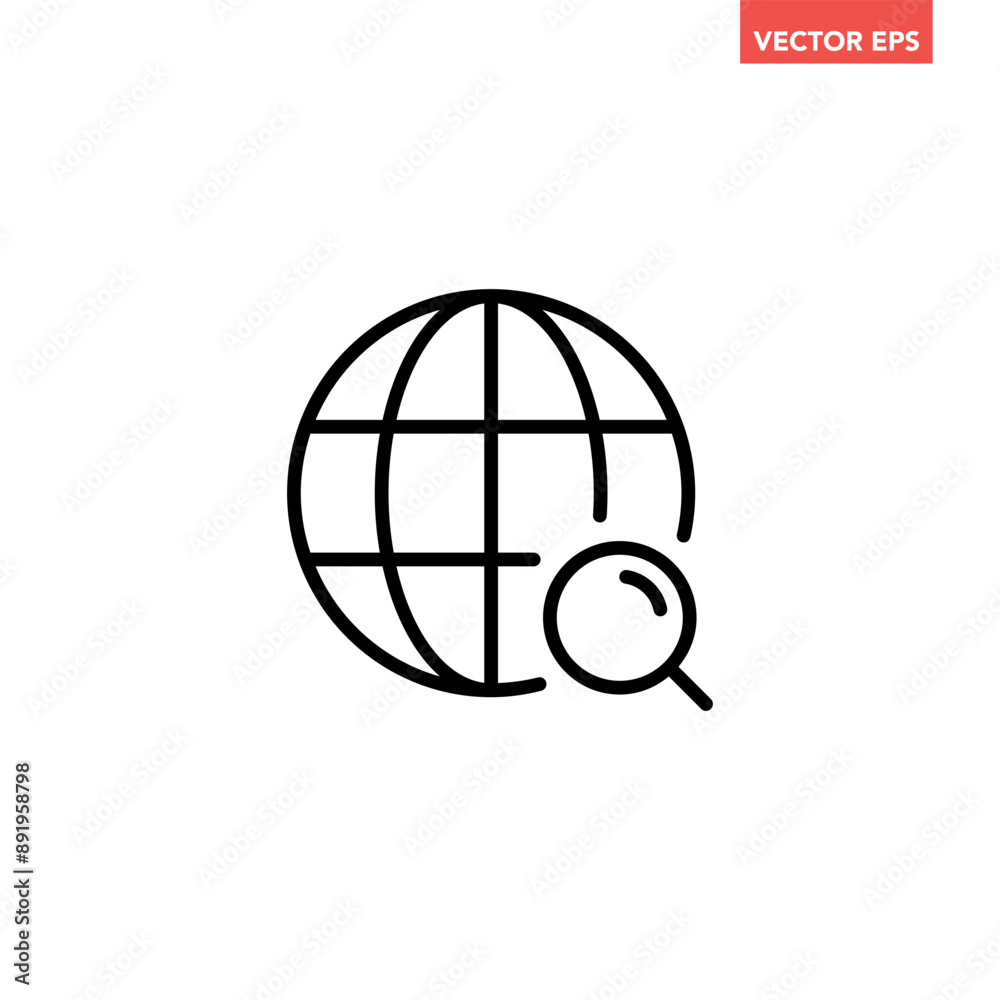 Single black globe with magnifying glass line icon, simple flat design ...