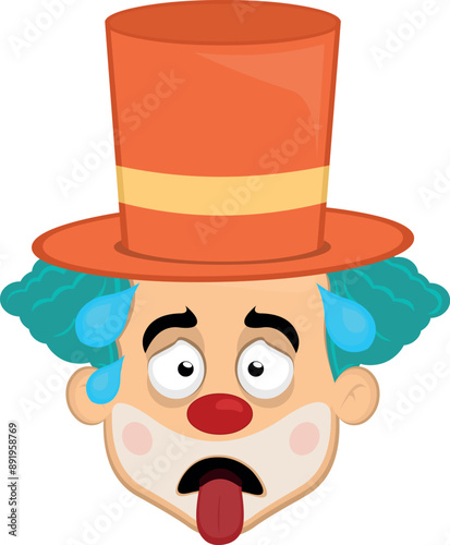 vector illustration face character clown cartoon, exhausted with his tongue out and drops of sweat on his head