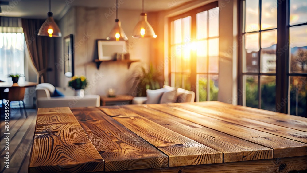 Fototapeta premium Rustic wooden table with smooth surface illuminated by soft natural light in a blurred background of a cozy home interior.