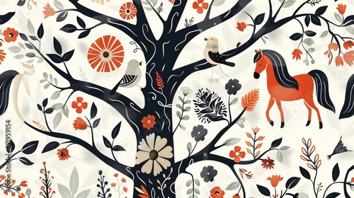 This fantastical image showcases horses and birds amidst a lush, tree-filled landscape with intricate floral designs, capturing a serene interaction within nature.