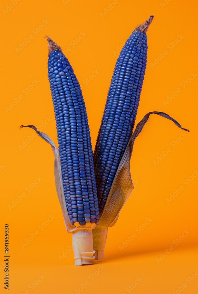 blue corn cobs on an orange background.Minimal creative food concept.Copy space,flat lay blue corn cobs on an orange background.Minimal creative food concept.Copy space,flat lay