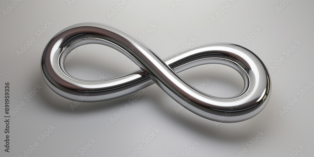 Chrome infinity symbol floating over white surface Chrome infinity symbol floating over white surface