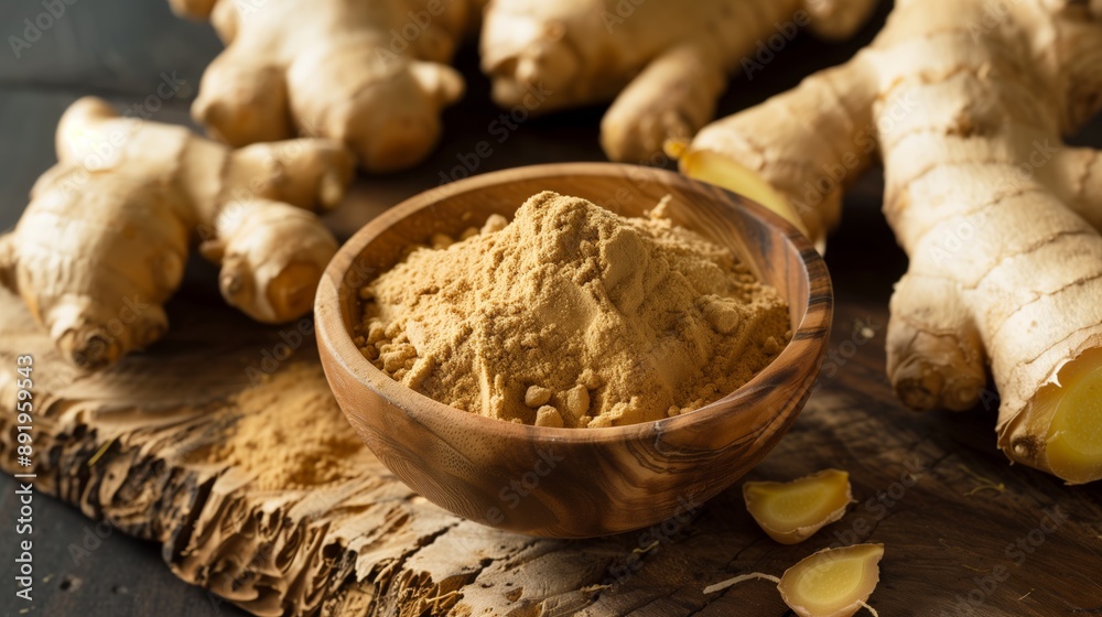 Close-up of ginger roots with ground ginger in a bowl. Knotty root in amber tones and spicy aromas and ancient ginger medicine. Close-up of ginger roots with ground ginger in a bowl. Knotty root in amber tones and spicy aromas and ancient ginger medicine.