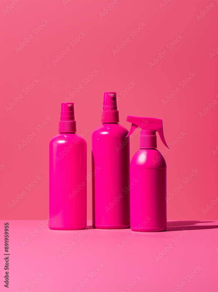 Pink spray bottles, large and small, displayed on a solid magenta background for product photography. Pink spray bottles, large and small, displayed on a solid magenta background for product photography.