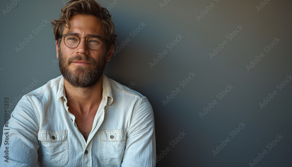 Homem de 31 anos, branco, barba curta marrom, cabelo curto, pele clara, camisa branca, jeans azul, tênis preto Homem de 31 anos, branco, barba curta marrom, cabelo curto, pele clara, camisa branca, jeans azul, tênis preto