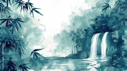 zen garden art, a serene doodle of bamboo trees and a calming waterfall in a zen garden, embodying peace and renewal in its artistic depiction photo