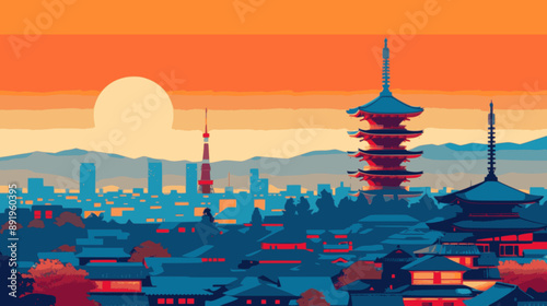 colorful minimalistic poster of the city Kyoto. minimalistic vector. Illustrations