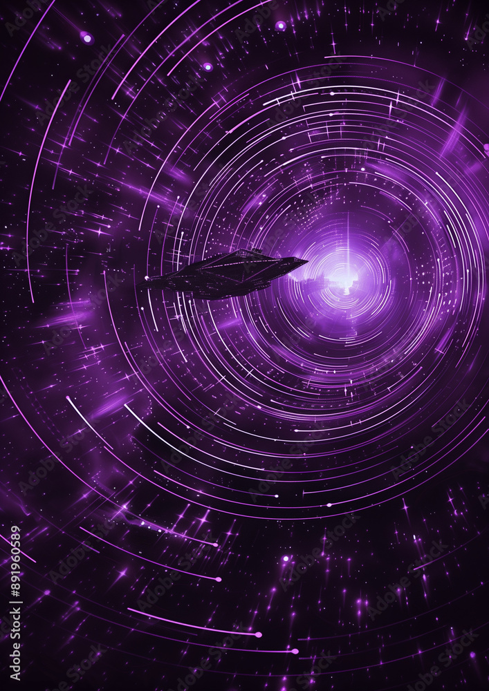 Fototapeta premium Purple abstract lines form a circle with black background, creating rippleswith a spaceship approaches from outside.