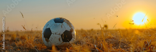 Bola de futebol em um campo ao pôr do sol photo