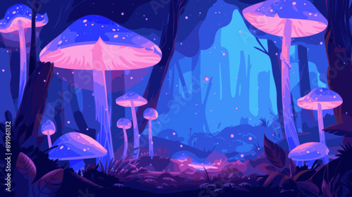 Surreal night forest illuminated by ethereal glow-in-the-dark mushrooms creating a dreamlike and fantastical ambiance. simple minimalist illustration creative. minimalistic vector. Illustrations
