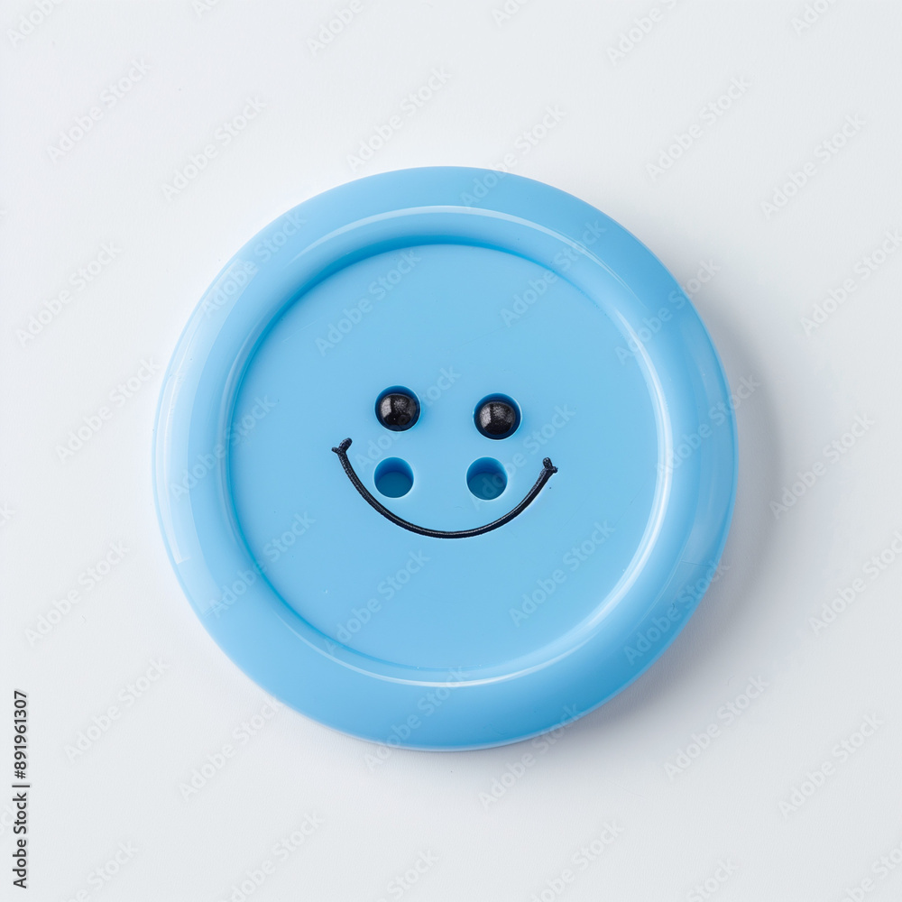 Fototapeta premium Smiling blue button.Minimal creative fashion concept.Flat lay 