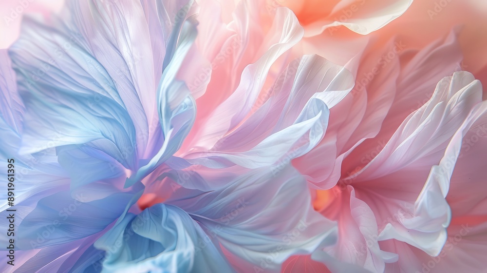 Intricate close-up view of flower petals in delicate pastel shades of pink and blue, showcasing nature's beauty with an abstract, soft-focus artistic style. Intricate close-up view of flower petals in delicate pastel shades of pink and blue, showcasing nature's beauty with an abstract, soft-focus artistic style.