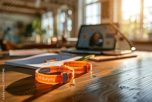 Wristbands with anti-bullying slogans on a school counselor's desk with a laptop and a notepad  photo