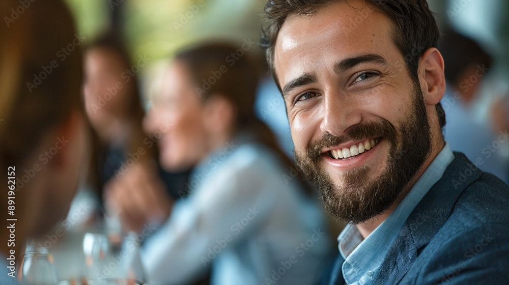 A cheerful man with a beard smiling during a meeting, depicting approachability and engagement in a professional setting, enhancing a collegial workspace atmosphere. A cheerful man with a beard smiling during a meeting, depicting approachability and engagement in a professional setting, enhancing a collegial workspace atmosphere.