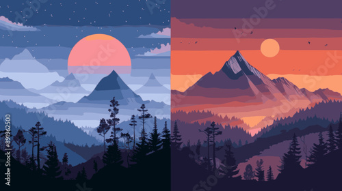 Collection of modern simple minimalistic posters - mountain landscapes in boho style (night and day) on a colored background. minimalistic vector. Illustrations
