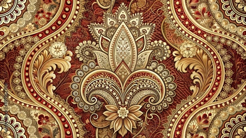 Intricate vintage paisley motifs mingle with delicate lace filigree on a richly textured background, evoking opulent Persian luxury for design inspiration.